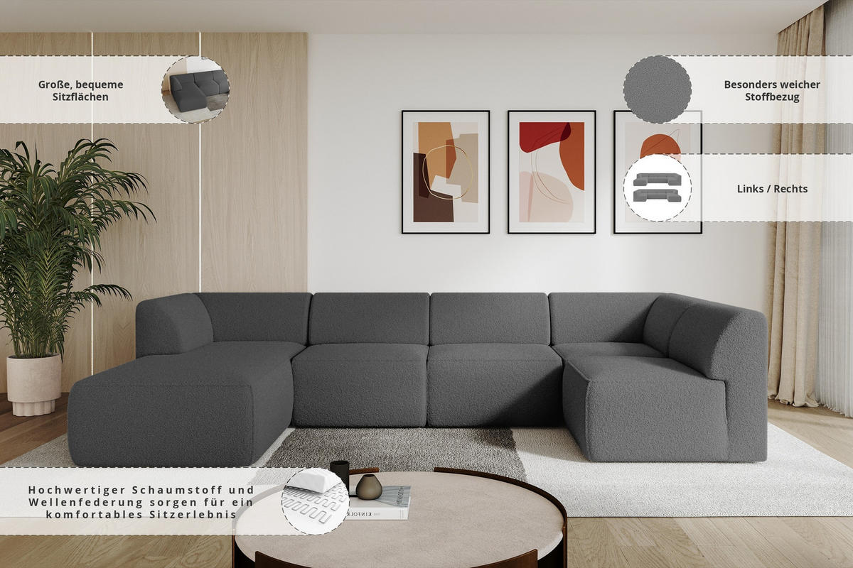 WOHNLANDSCHAFT Ottomane Links MOVA 345x180x78 Grau Bouclé - Schieferfarben/Schwarz, Holzwerkstoff/Kunststoff (180/78/345cm) - ALTDECOR