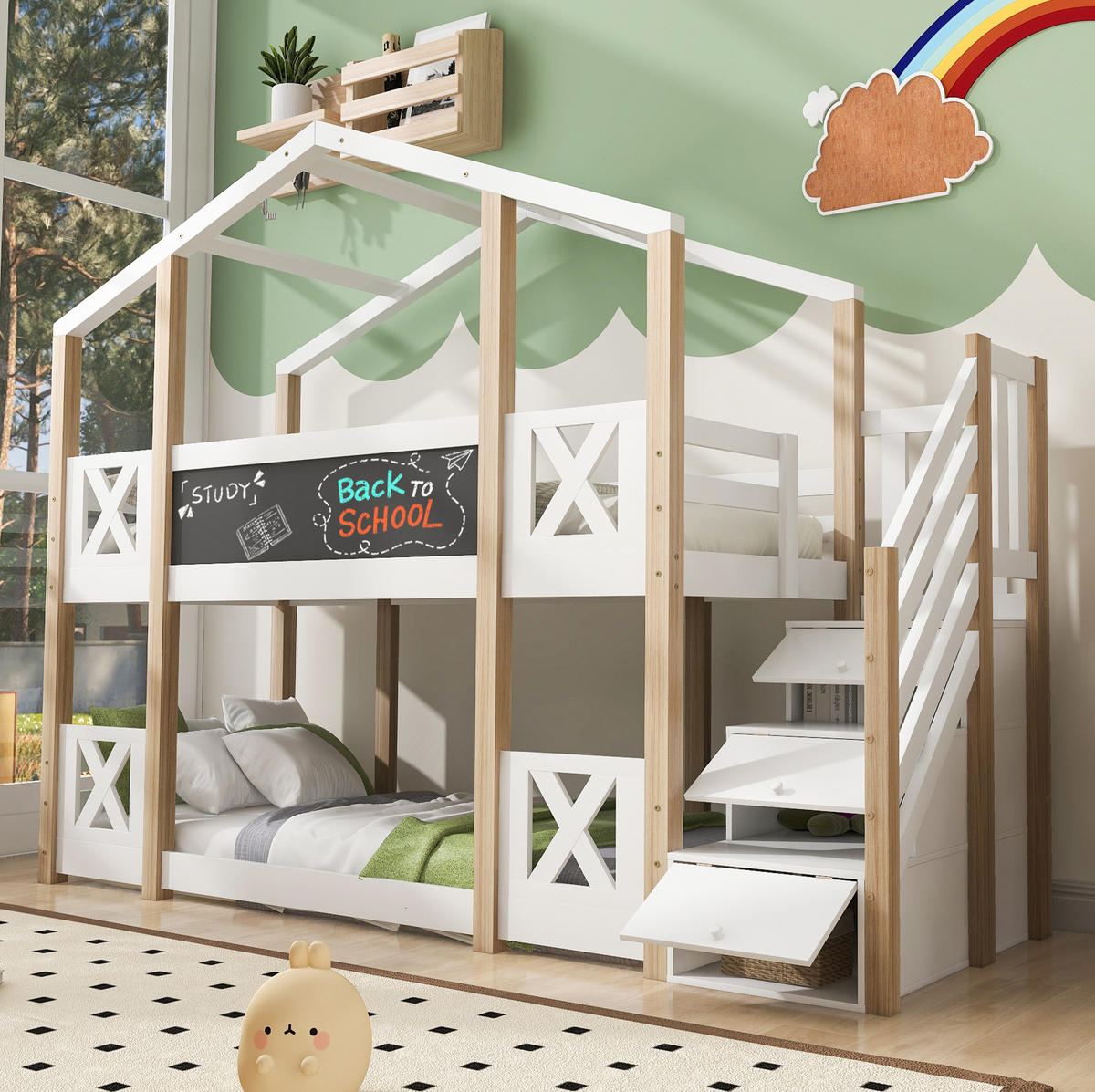 POSCHODOVÁ posteľ 90/200 cm biela/prírodná s tabuľou a úložnými schodmi z dreva - biela, kompozitné drevo (90/200cm) - OKWISH