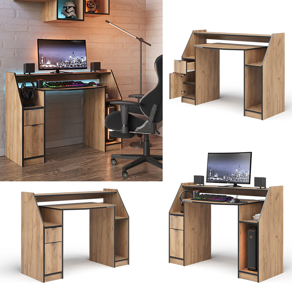 GAMING-TISCH Joel Goldkraft Eiche 123.2 x 45 cm mit 1 Schublade und 1 Tür - Eiche Wotan, Holzwerkstoff (45/123/90cm) - Vicco