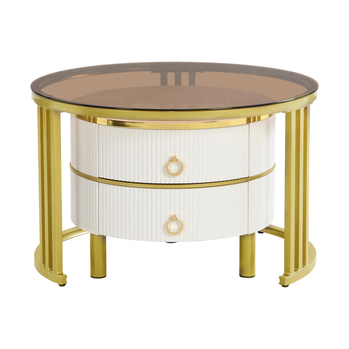 COUCHTISCH-SET 2-teilig, rund, MDF & Hartglas, 2 Schubladen, 70/70/45 + 50/50/40 cm，Weiß - Weiß, Holzwerkstoff (70/70/45cm) - Redom