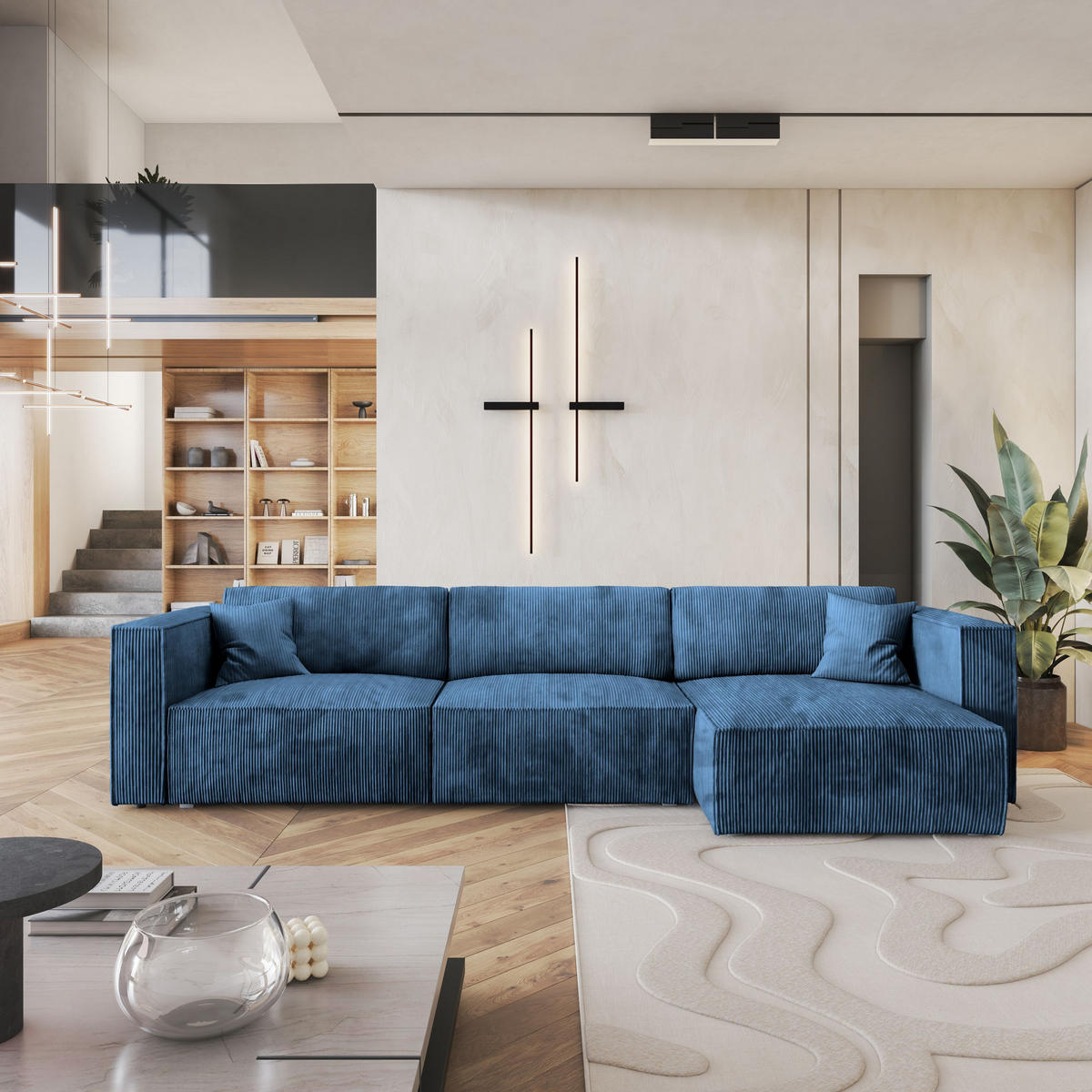 ROHOVÁ SEDAČKA TOLMO modrá - šedá/modrá, dřevo/textil (347/148cm) - MASSENO