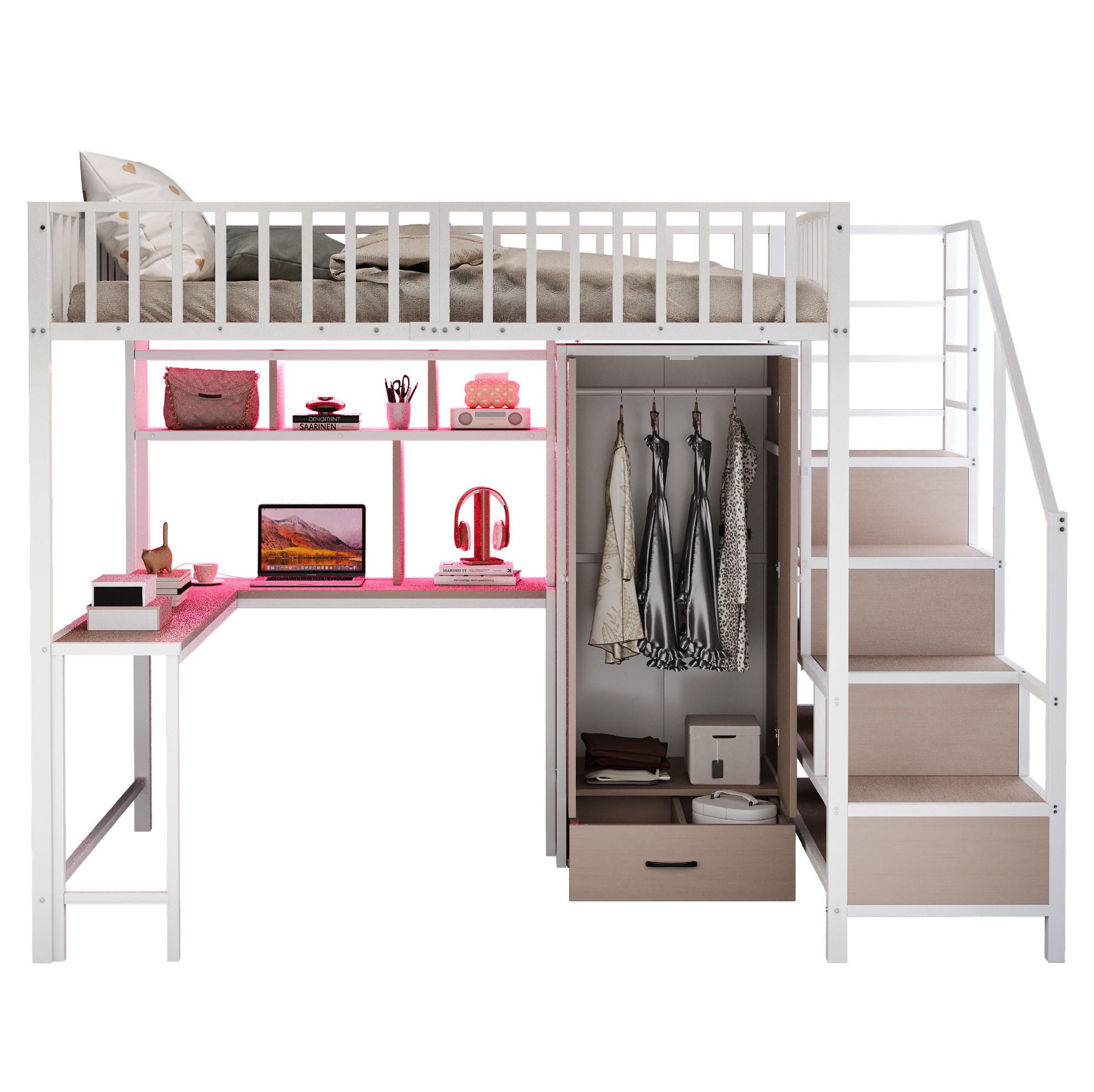 HOCHBETT 140/200 cm Weiß aus Metall mit Schreibtisch - Weiß, Metall (140/200cm) - OKMYHOME
