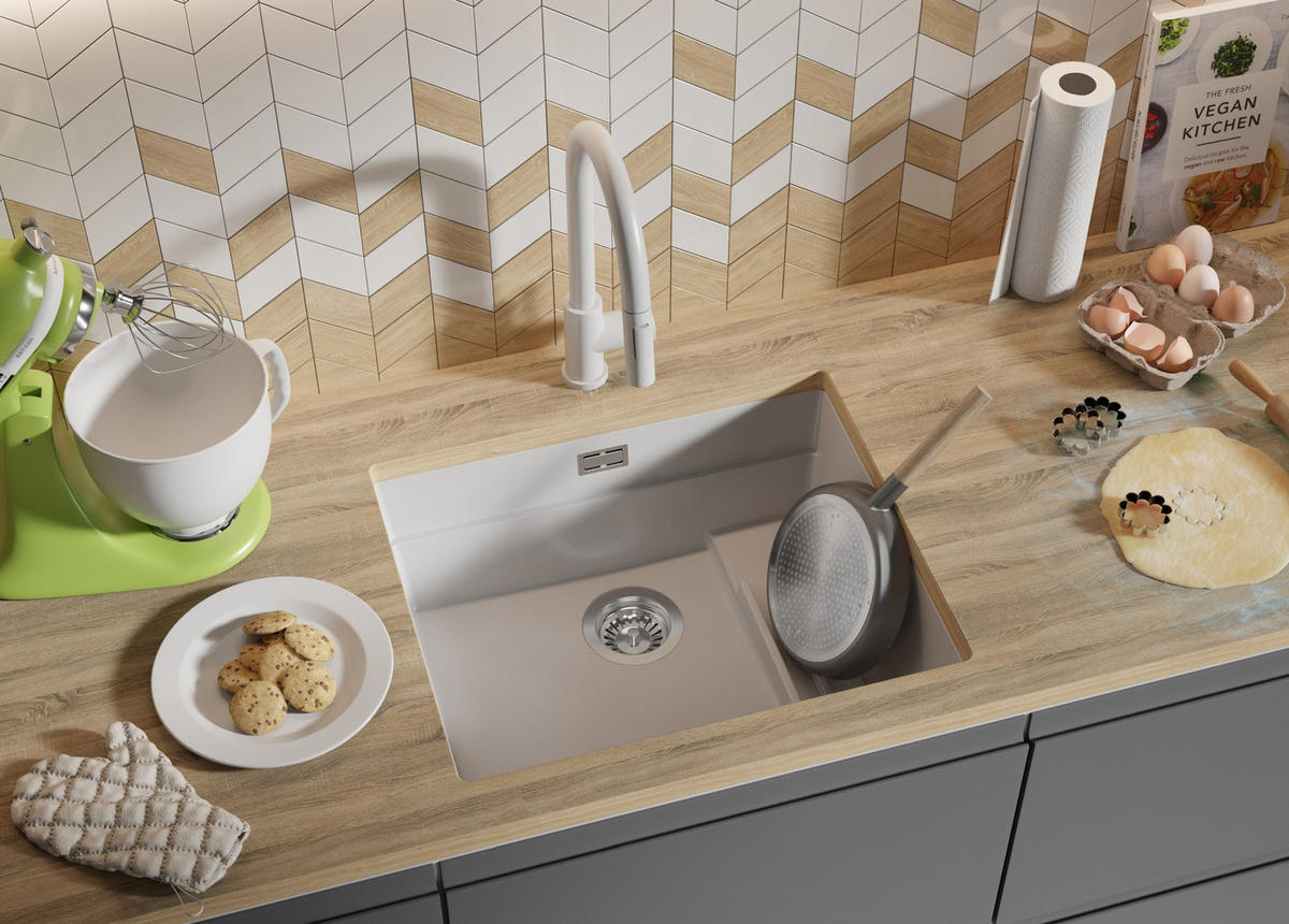 UNTERBAUSPÜLE GRANIT Praga, 2-er set Weiß 56/47 cm 1 Becken + Ablauf-Set + Aufrollbare Abtropffläche ab 60er Unterschrank - Chromfarben/Weiß, Kunststoff (56/20/47cm) - Primagran