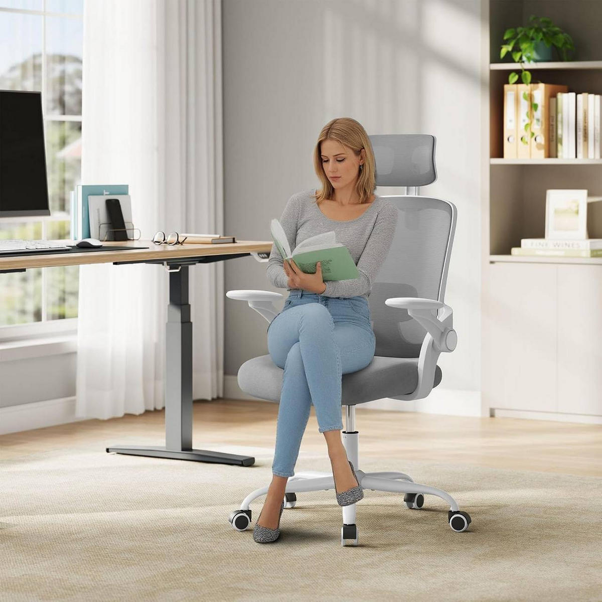 DREHSTUHL mit Wippfunktion, Netzstoff, Hellgrau - Hellgrau, Kunststoff/Textil (63.5/109.5/50cm) - Woltu