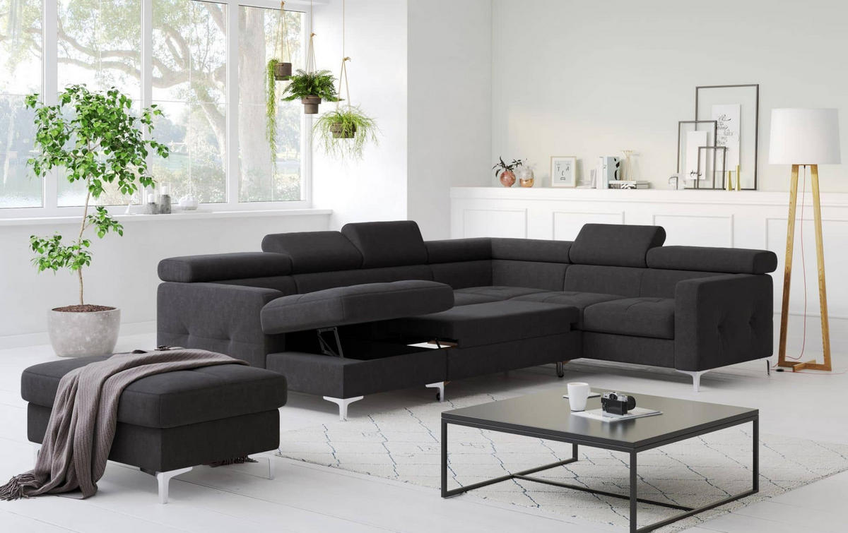 WOHNLANDSCHAFT mit Schlaffunktion und Bettkasten - Anthrazit/Silberfarben, Holz/Textil (240/74/304cm) - Cotta