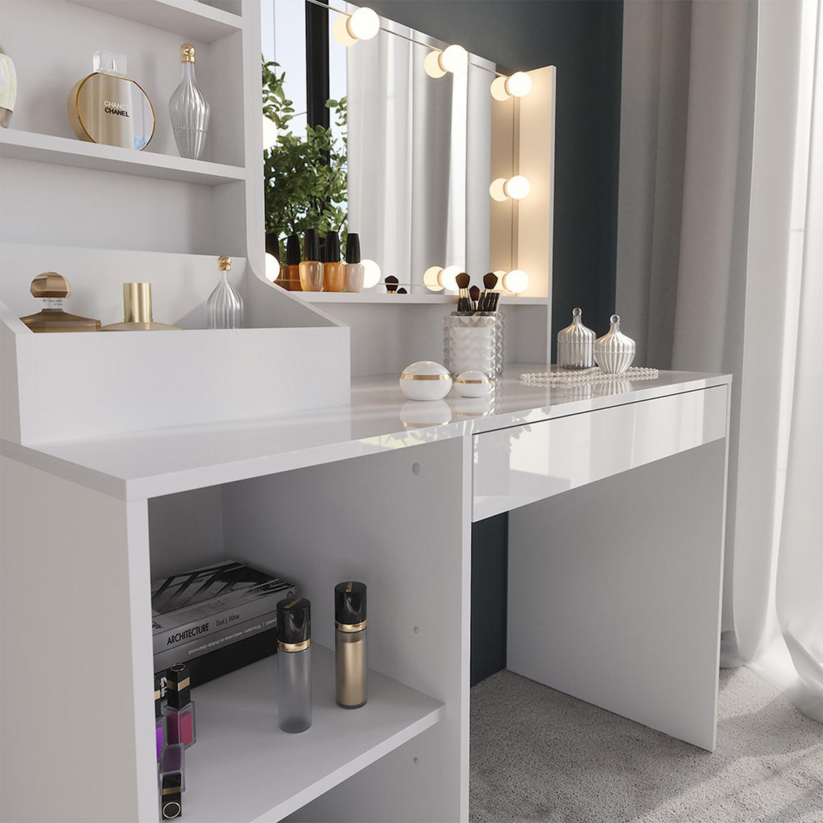 SCHMINKTISCH Sherry Weiß/Weiß Hochglanz 119.8 cm 4 Teile - Weiß Hochglanz, Holzwerkstoff (119.8/76/50.1cm) - Vicco