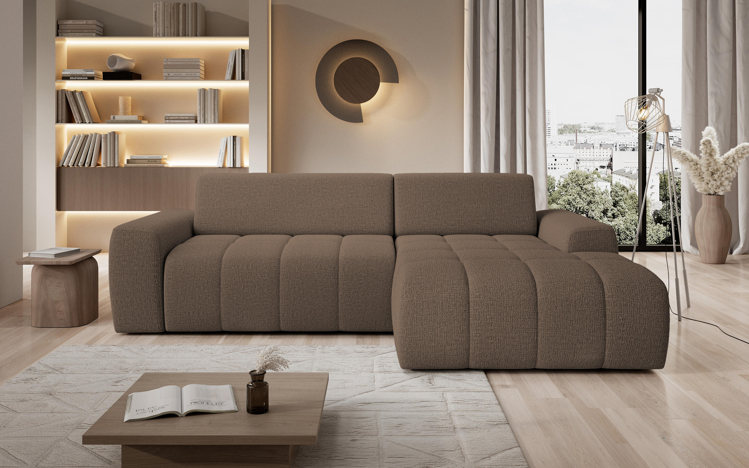 ECKSOFA Savio Freistehend, mit Abriebfestem Kansas-Stoff, Maße 265x172x81 cm, Ausziehbare Sitzfläche 206x92 cm, Rechte, – Cappuccino - Cappuccino, Holz/Textil (265/172cm) - DomoHome