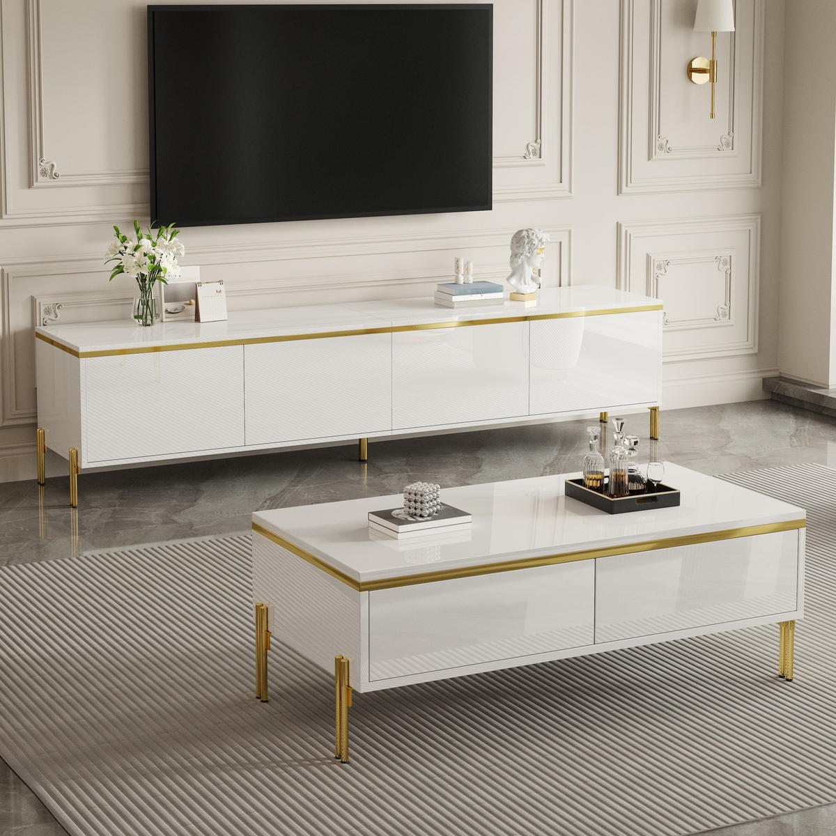 TV- & COUCHTISCH-SET Hochglanz Goldkante Stauraum modern Luxus - Weiß, Holzwerkstoff (38/50/170cm) - FLIEKS