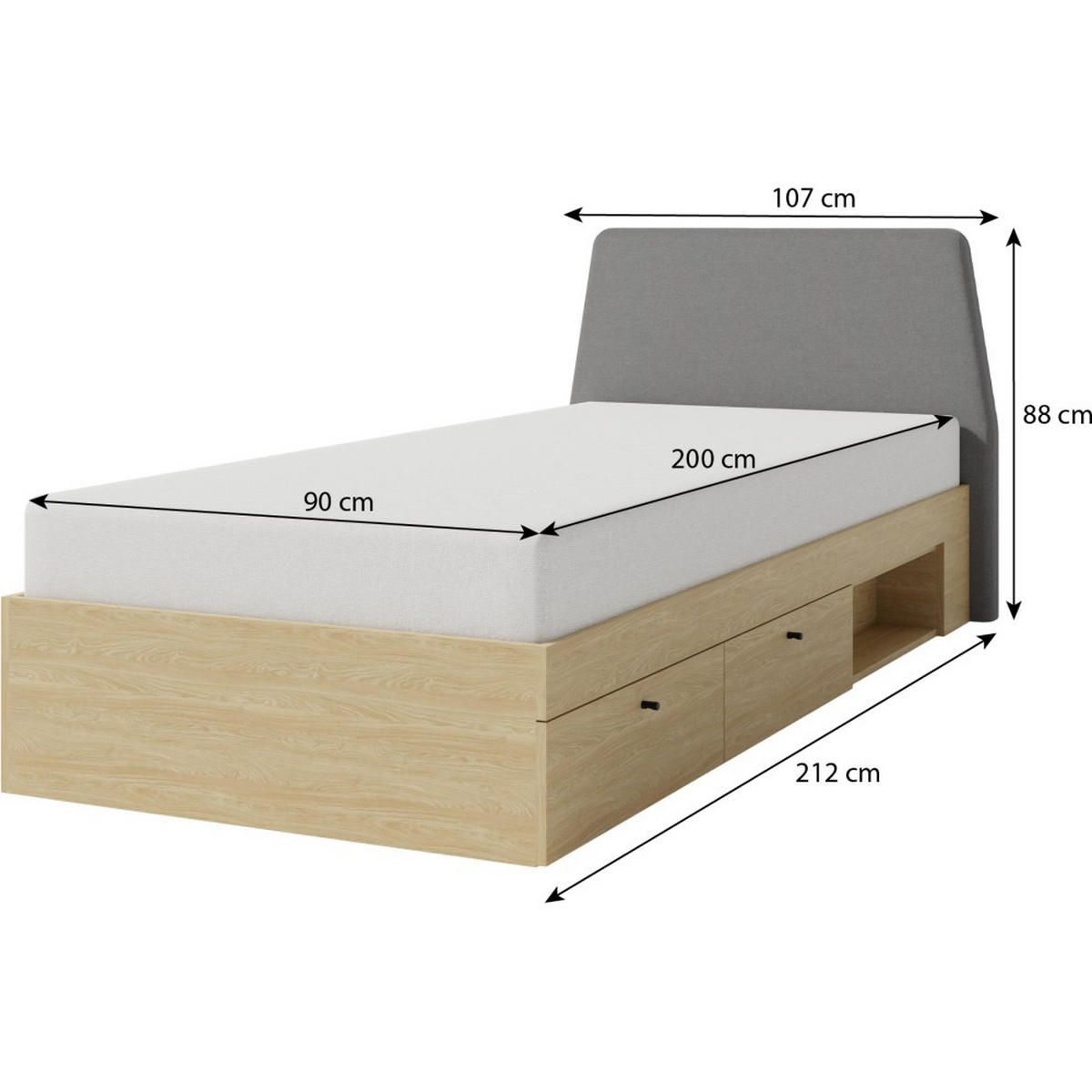 JUGENDBETT Alex mit 2 Schubladen, 90x200 cm, Sandbeige - Beige/Schwarz, Holzwerkstoff (90/200cm) - Beautysofa
