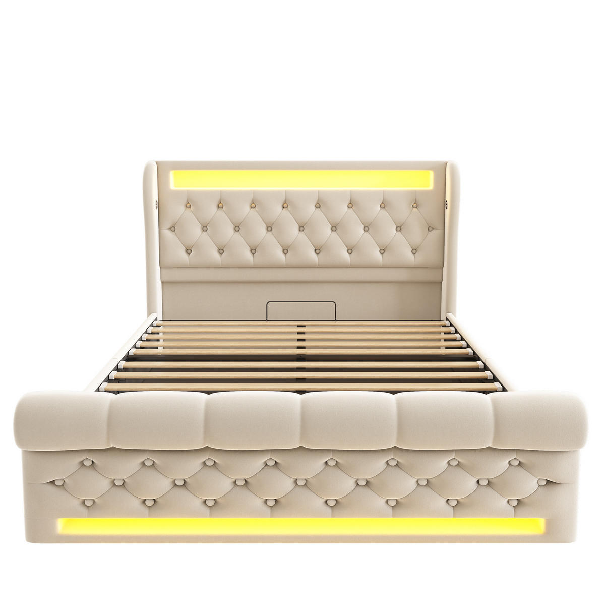 SAMT-POLSTERBETT 140/190 cm Beige mit Bettkasten, LED und USB-C-Ladefunktion - Beige, Textil (140/190cm) - BEAOK