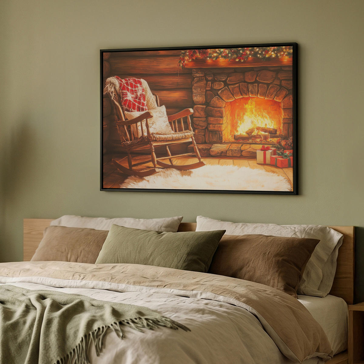 LEINWAND Bilder mit Rahmen - Winter - Weihnachten - Zuhause - Kamin - 100x70 - Bernsteinfarben, Textil (100/70cm) - MuchoWow