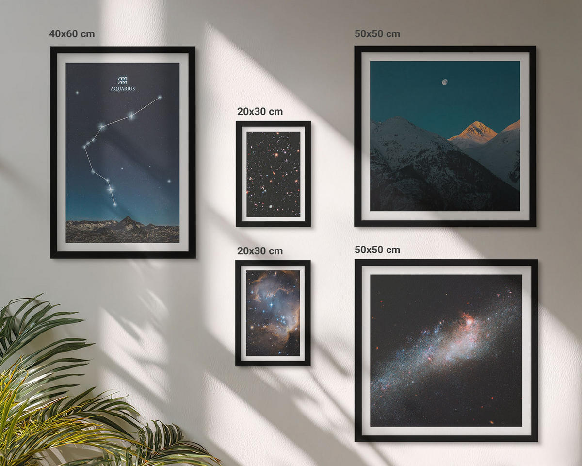 WANDBILDER 5er-Set - 50x50 cm & 20x30 cm & 40x60 cm Schwarzer Rahmen - Galaxienraum Wassermann-Berge - Schwarz, Kunststoff (40/60cm) - ArtPrintCave