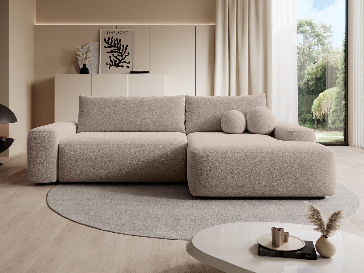 ECKSOFA RUOTA Beige Boucle-Stoff mit Schlaffunktion - Beige, Holz (264/162cm) - MASSENO