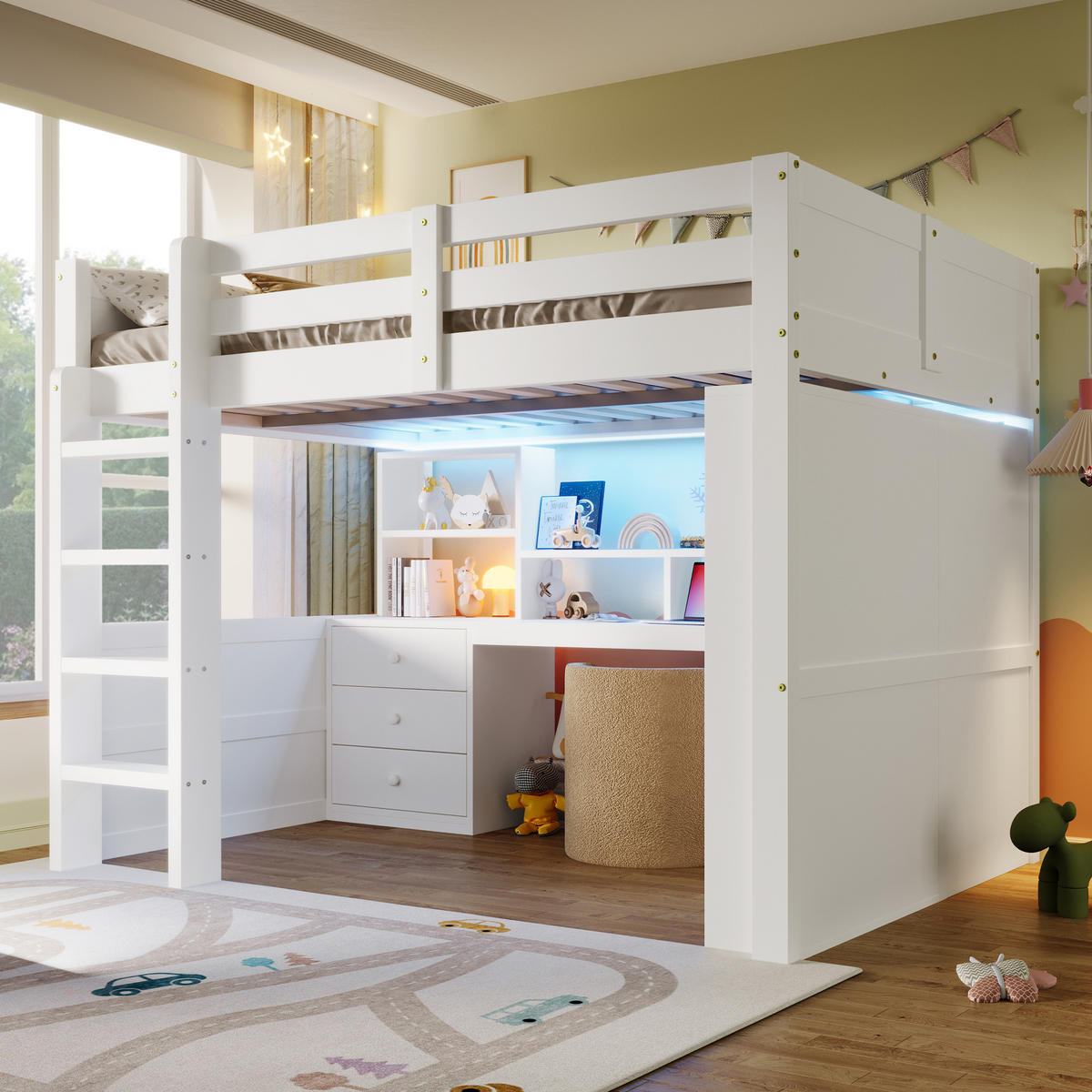 HOCHBETT 140x200cm Weiß LED-Licht Kleiderschrank Schreibtisch Schubladen - Weiß, Holz (140/200cm) - FLIEKS