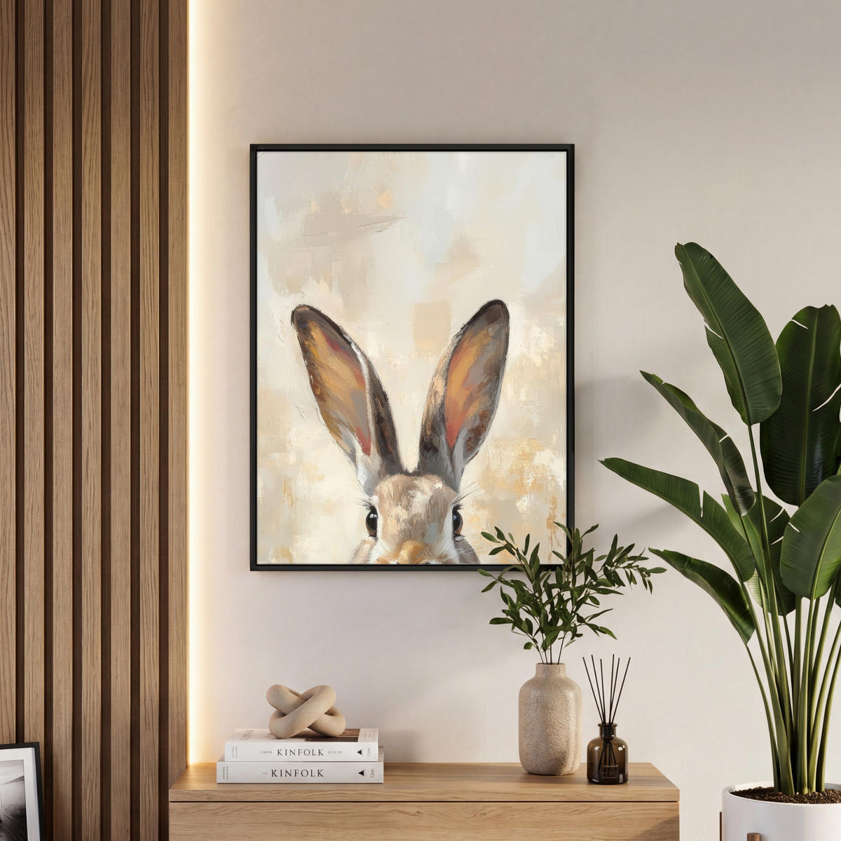 LEINWAND Bilder mit Rahmen - Hase - Ohren - Braun - 60x80 - Beige, Textil (60/80cm) - MuchoWow