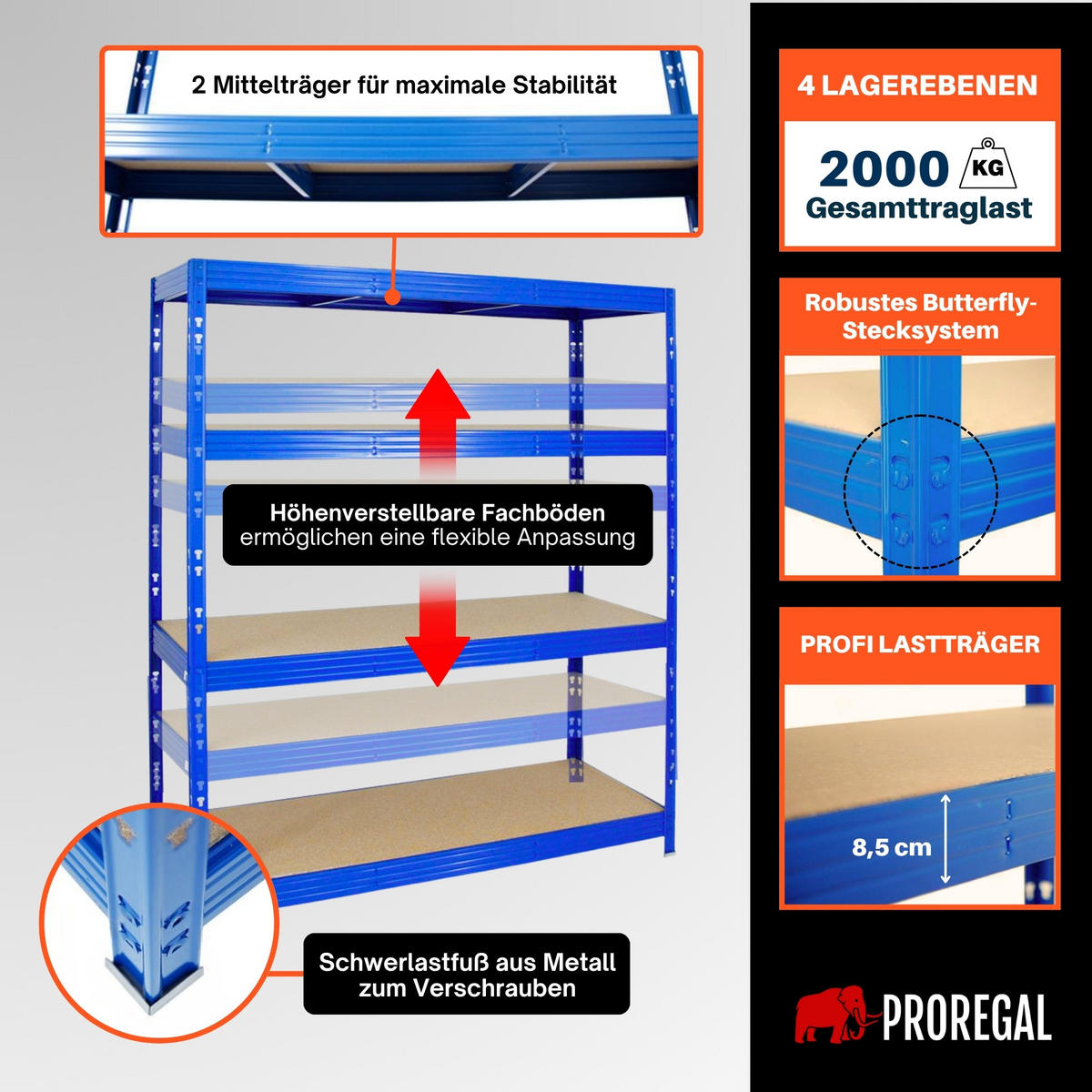 SCHWERLASTREGAL Rhino 180x160x60 cm 4 Spanplatten-Ebenen 16mm Fachlast 500 kg Blau - Blau, Metall (160/180/60cm) - PROREGAL