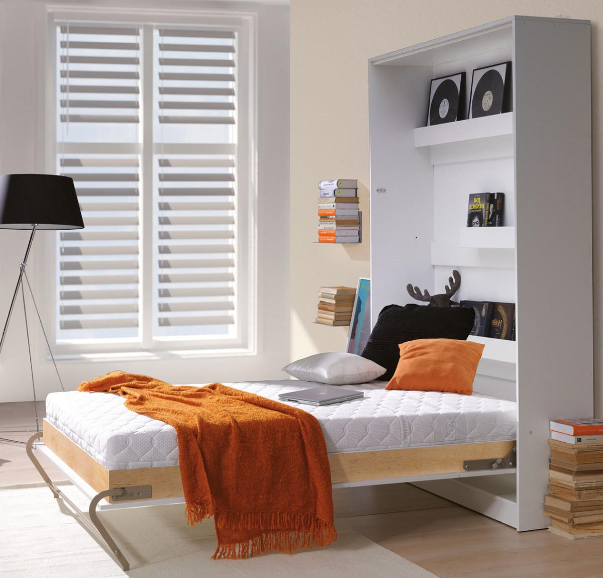 SCHRANKBETT Wandklappbett vertikal VB 140x200 - Weiß Hochglanz (Fronten) - Weiß Hochglanz, Holzwerkstoff (140/200cm) - QMM TraumMöbel