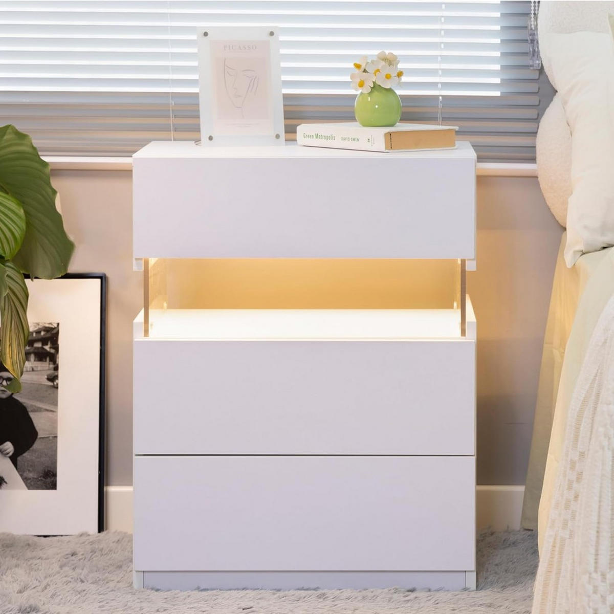NACHTSCHRANK LED 3 Drawer Weiß - Weiß, Holzwerkstoff (38/61/48cm)