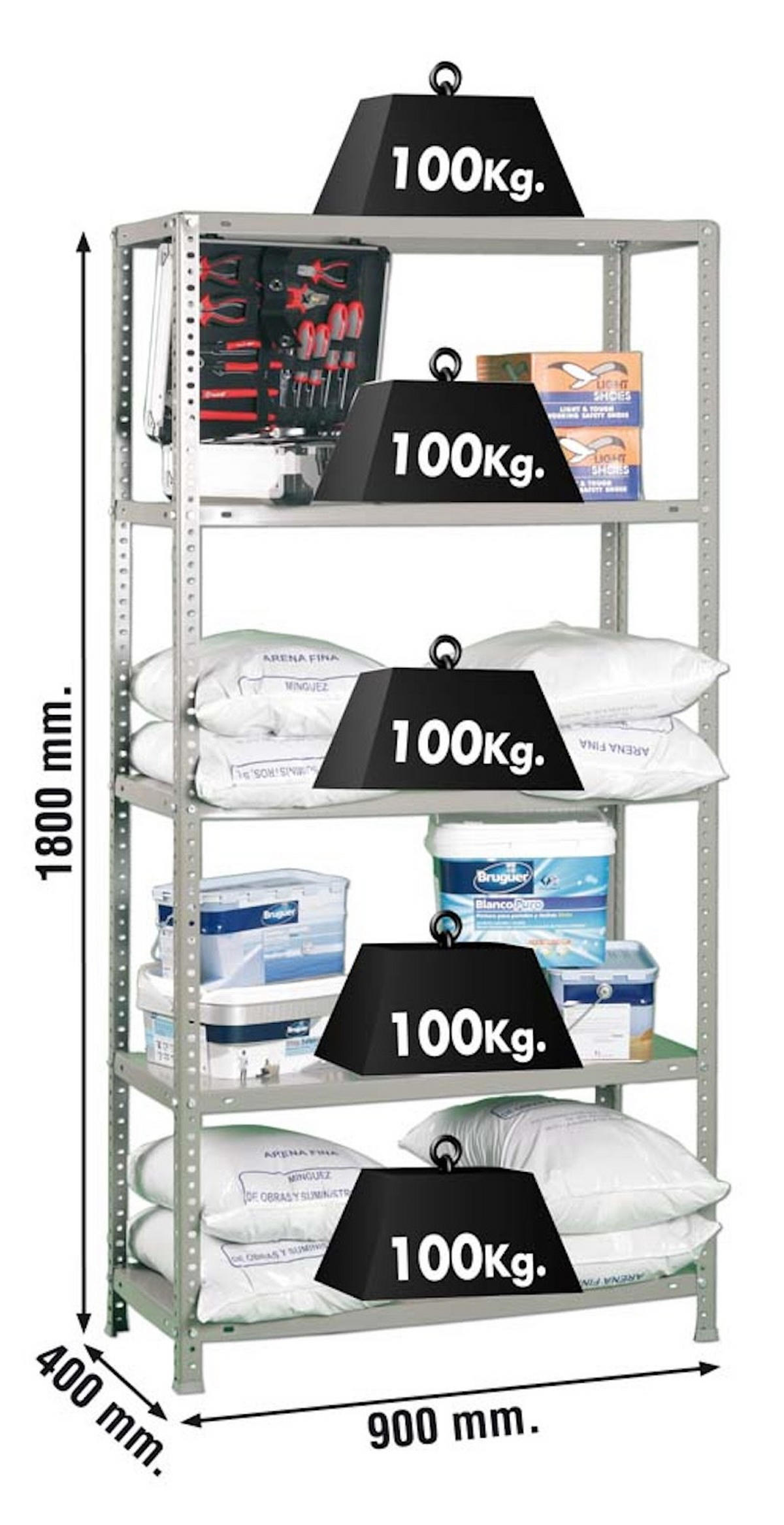 SCHRAUBREGAL PANDA TALL | HxBxT 200x100x40cm | 5 Fachböden | Fachlast 100kg | Grau - Grau, Metall (100/200/40cm) - PROREGAL