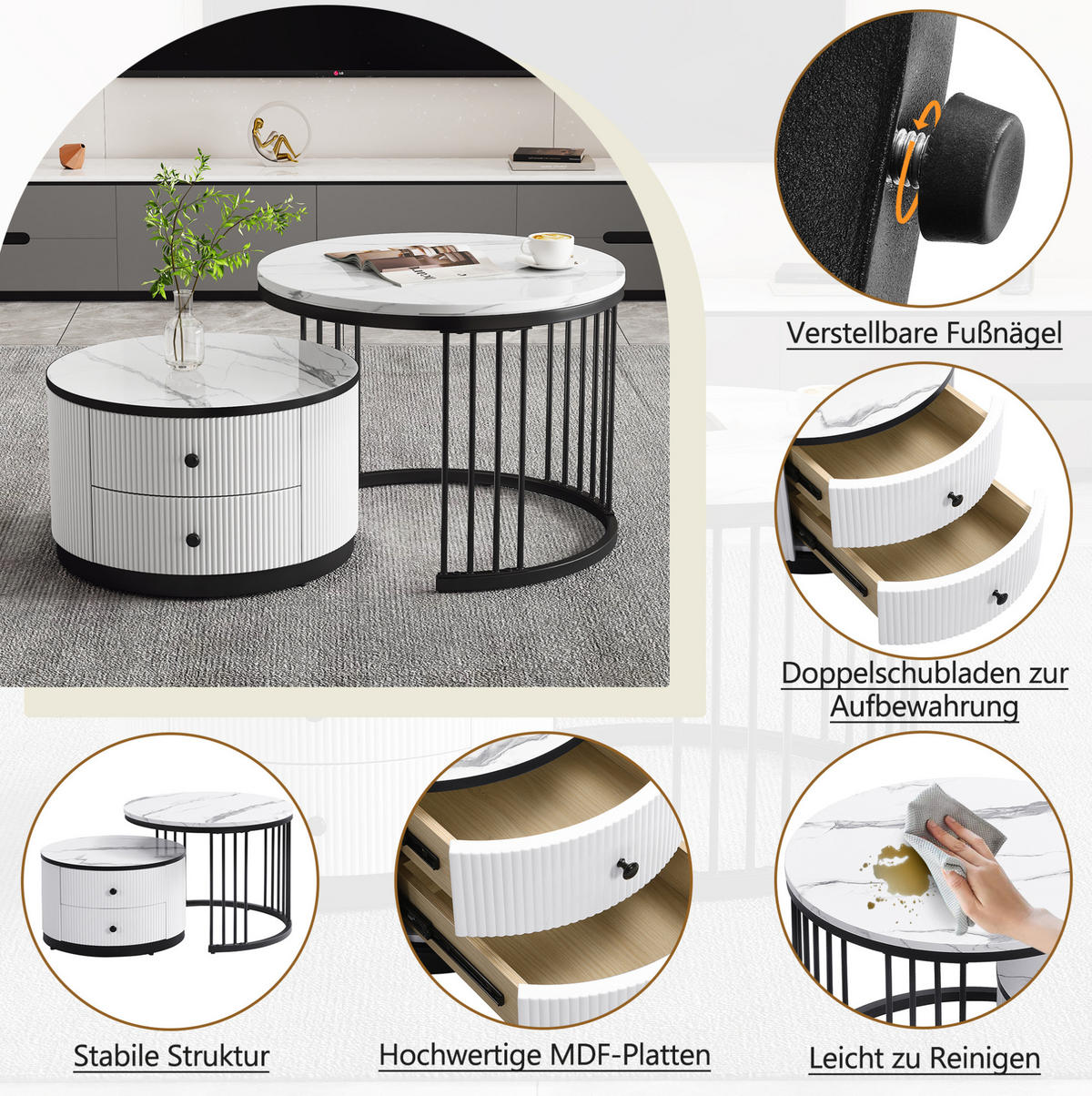 COUCHTISCH-SET 60/60/45,5 & 50/50/32 cm weiß/schwarz aus MDF mit 2 Schubladen - Weiß, Holzwerkstoff (60/60/45cm) - OKWISH