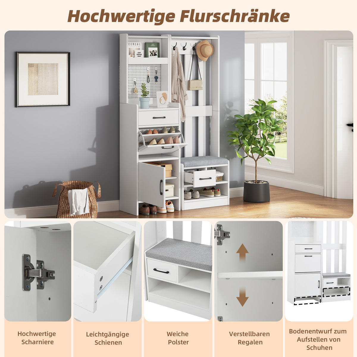 KLEIDERSCHRANK in Weiß Garderobenständer mit Schuhbank, 7 Haken, Lochwand und 2 Schubladen für Flur, B110/T35/H175,5 cm - Weiß, Holzwerkstoff (110/175.5/35cm) - STILVORA