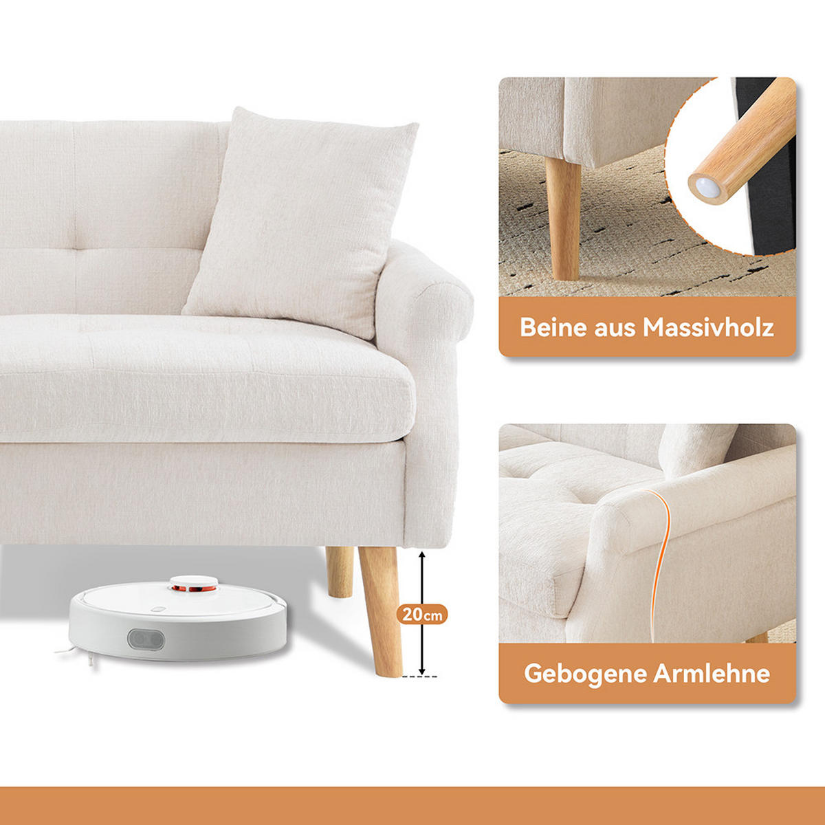 DOPPELSOFA in Beige Chenille-Stoff mit dicken Kissen - Beige, Holz/Textil (74/77/162cm) - KOMHTOM