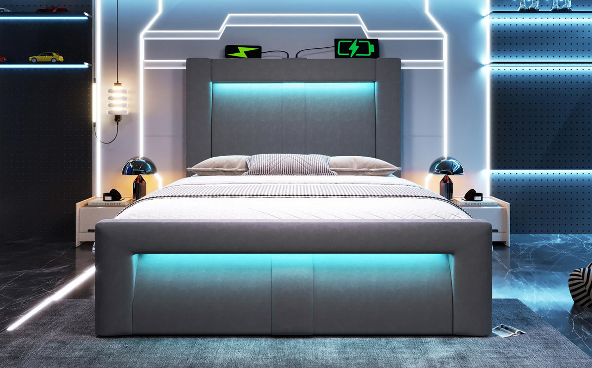 POLSTERBETT 90/200 cm Grau mit Stauraum und LED-Beleuchtung - Grau, Textil (90/200cm) - Flora Grace