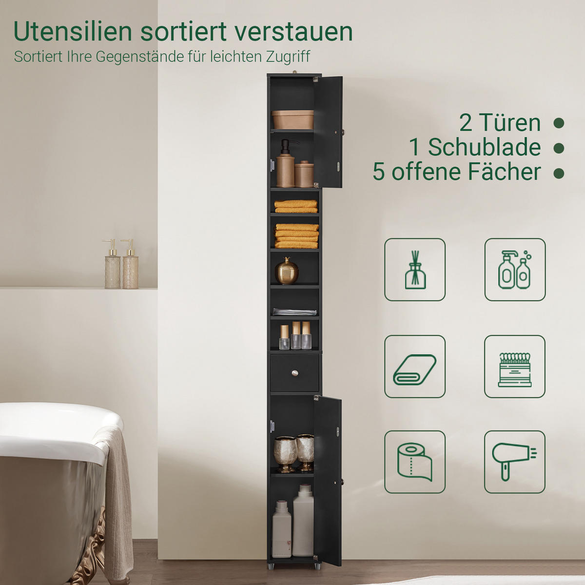 HOCHSCHRANK Schmal, Schwarz, 20x180x20cm - Schwarz, Holzwerkstoff (20/180/20cm) - SoBuy