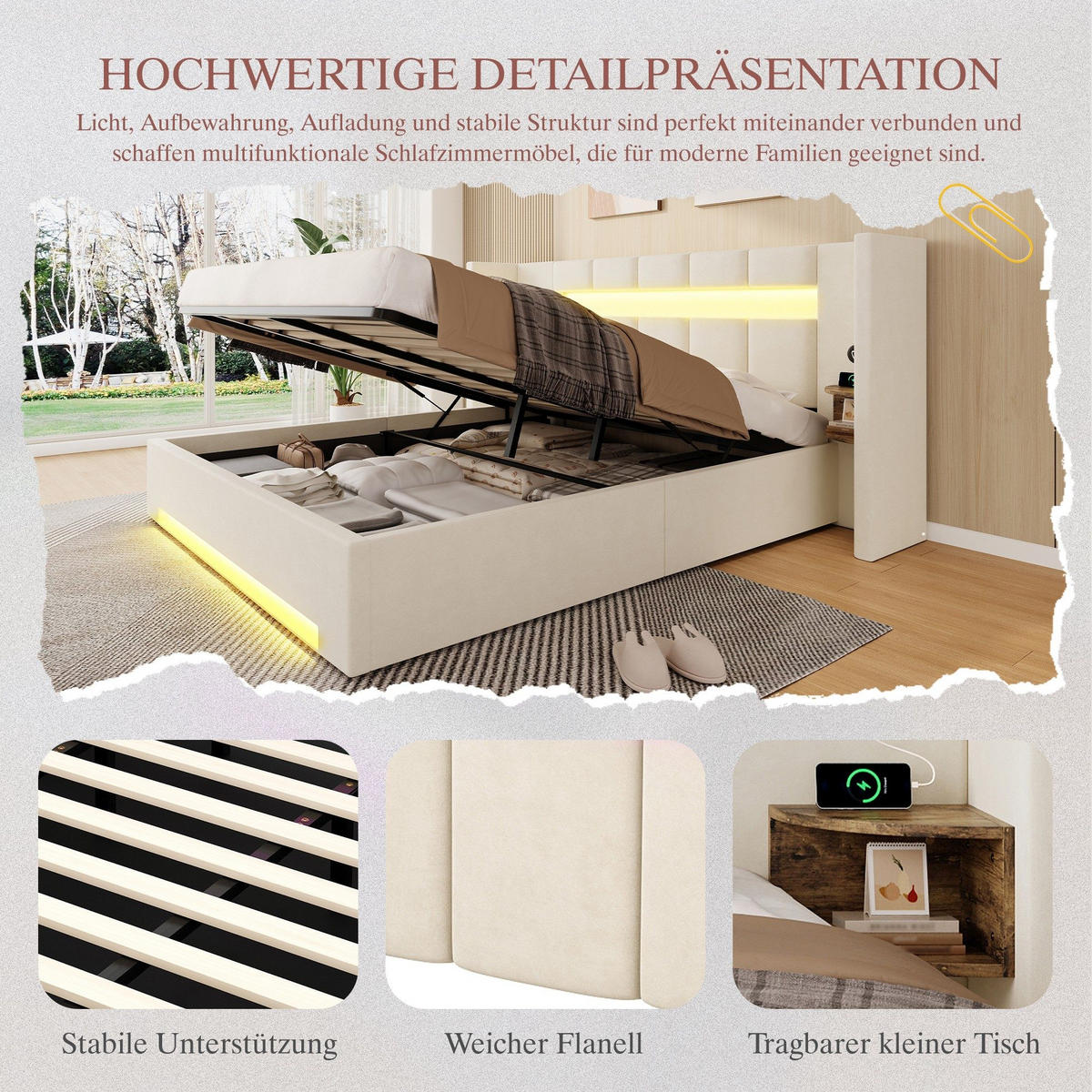 BOXBETT 160/200 mit Bettkasten, LED, USB/Typ C-Ladeanschluss,Samt,Beige - Beige, Metall (160/200cm) - LVHOM