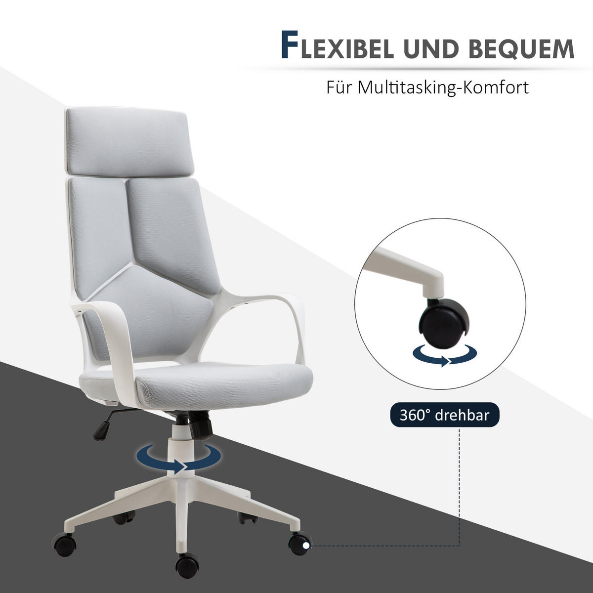 BÜROSTUHL Ergonomischer Schreibtischstuhl mit Armlehne, Wippfunktion Grau - Weiß/Grau, Kunststoff/Textil (63/127/63cm) - HOMCOM
