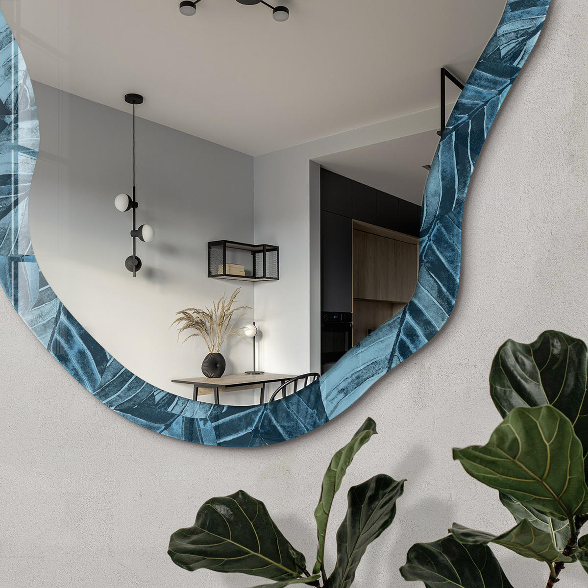 SPIEGEL 90x45 cm asymmetrisch mit Druck - Blaue Blätter - Transparent, Glas (45/90/0.4cm) - TULUP