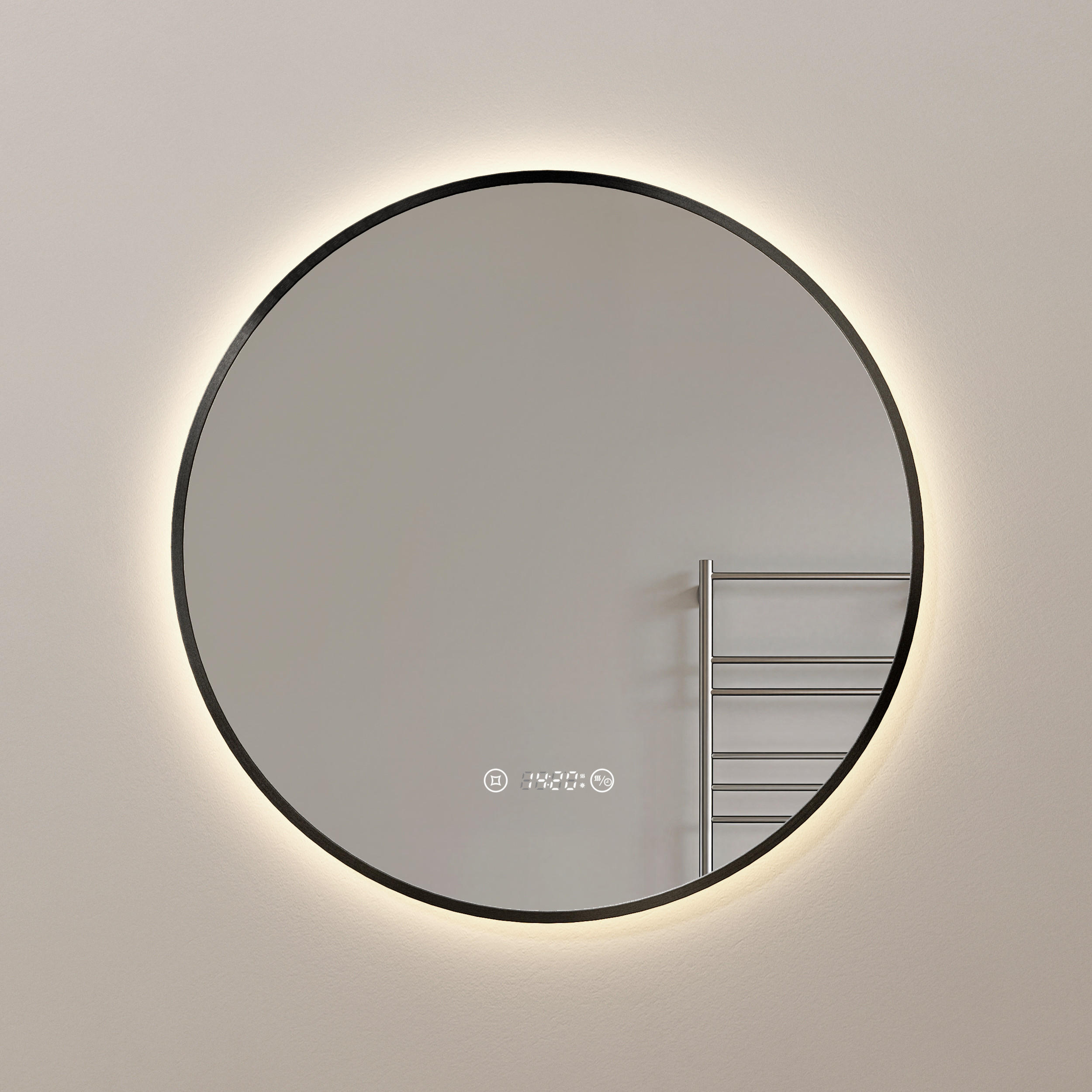 BADSPIEGEL mit LED-Beleuchtung Anti-Beschlag Zeitanzeige Schwarz Ø 60 cm - Schwarz, Glas (60/60/3cm) - EMKE