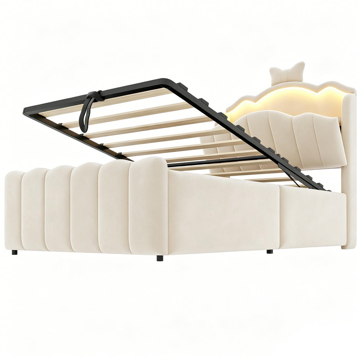 POLSTERBETT 90x200cm Samt LED USB Hydraulik Stauraum Beige - Beige, Metall (90/200cm) - FLIEKS