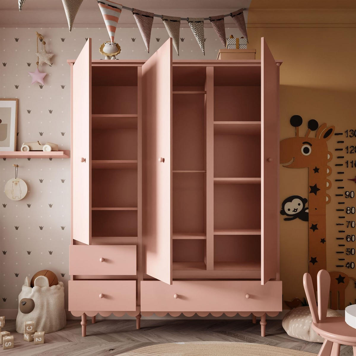 KINDERKLEIDERSCHRANK BABUSHKA – Dreitürig, Natürlich Rosa - Rosa, Holzwerkstoff (154/203/50cm)
