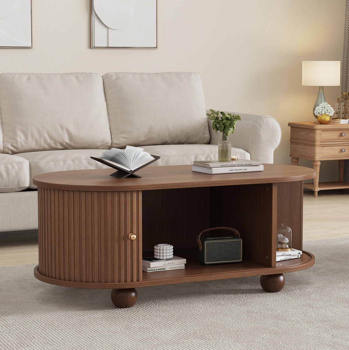 COUCHTISCH 100/50/40 cm mit 360-Grad-Schiebetür und Stauraum, Walnussfarbe - Walnussfarben, Holzwerkstoff (100/50/40cm) - Modfu
