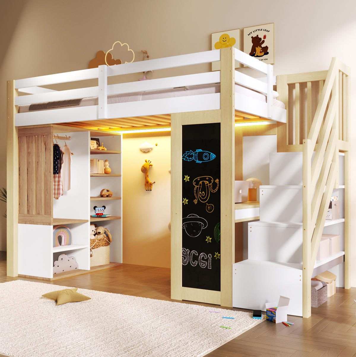 HOCHBETT 90x200 cm Weiß/Natur mit Schreibtisch, Kleiderschrank, Stauraumtreppe und LED-Beleuchtung - Weiß, Holzwerkstoff (90/200cm) - IVMEU