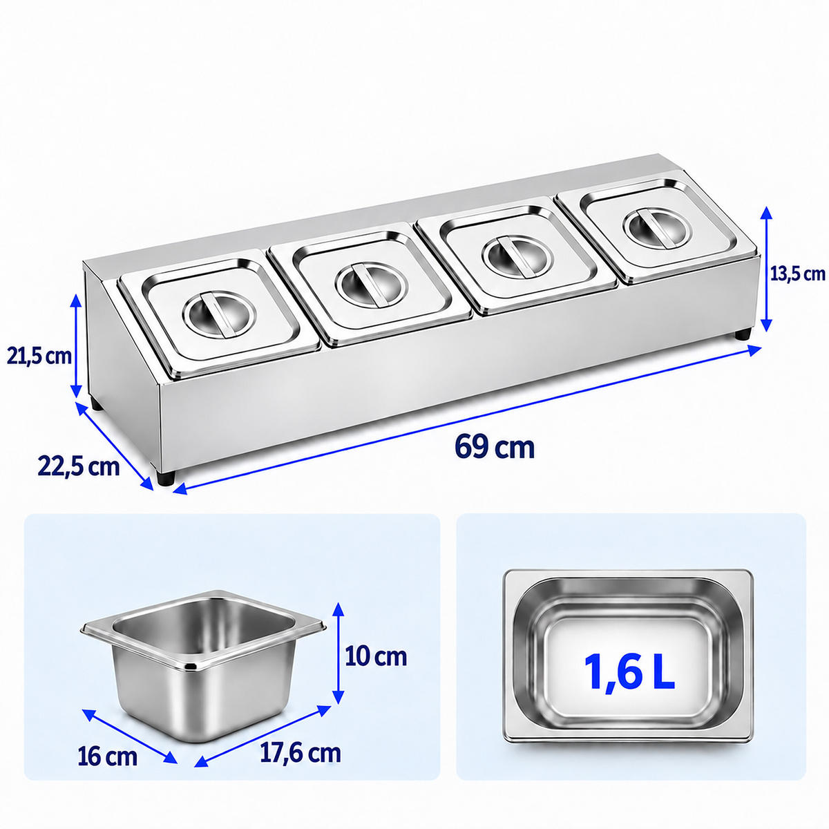 INGREDIENSBEHÅLLARE Silverfärgad 4-fack rostfritt stål med lock 69 cm - Silverfärgad, Metall/Plast - Relaxdays