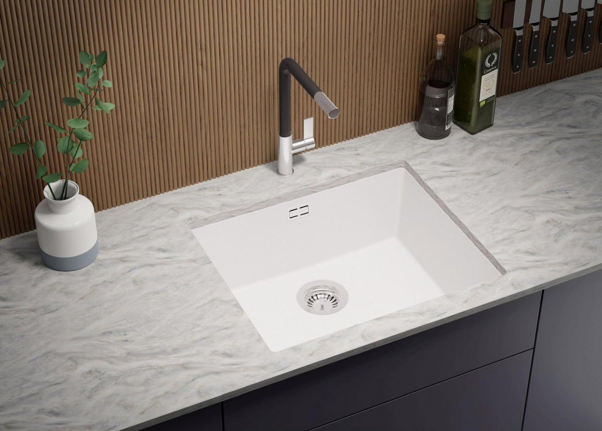 UNTERBAUSPÜLE GRANIT London, 2-er set Weiß 56/47 cm 1 Becken + Küchenarmatur 32/20 cm + Ablauf-Set ab 60er Unterschrank - Chromfarben/Weiß, Kunststoff (56/20/47cm) - Primagran