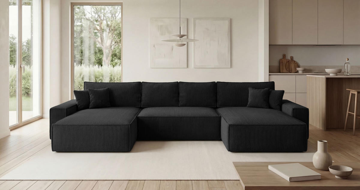 ECKSOFA CALIFORNIA U-Form schwarz Cord POSO 135 - Schlaffunktion, Bettkasten - Schwarz, Textil (385/185cm) - Cornero