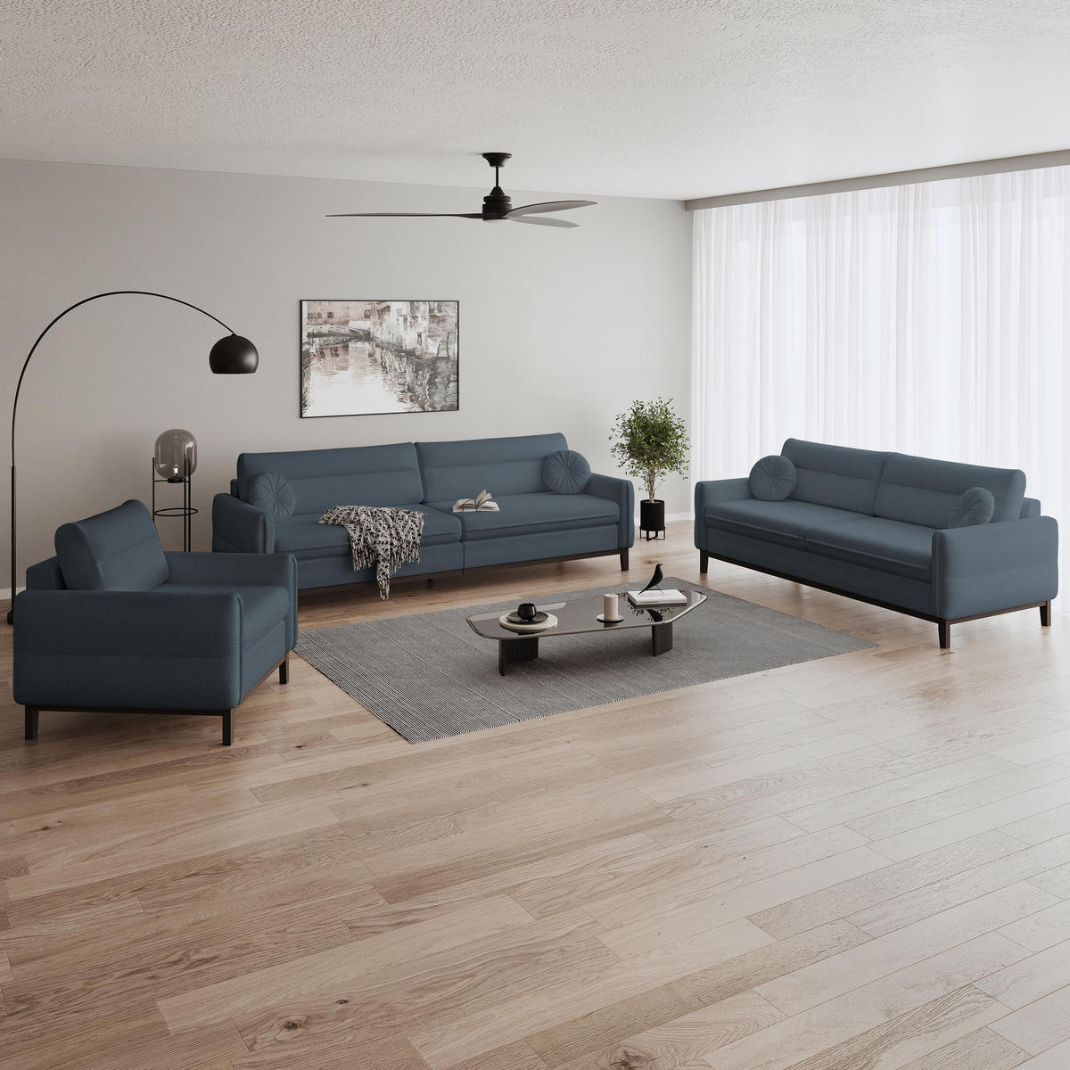 SITZGARNITUR Belweder, zwei Sofas+Sessel, Dunkelgrau, Bouclé - Wengefarben/Dunkelgrau, Holz/Textil (268/95/94cm) - Beautysofa