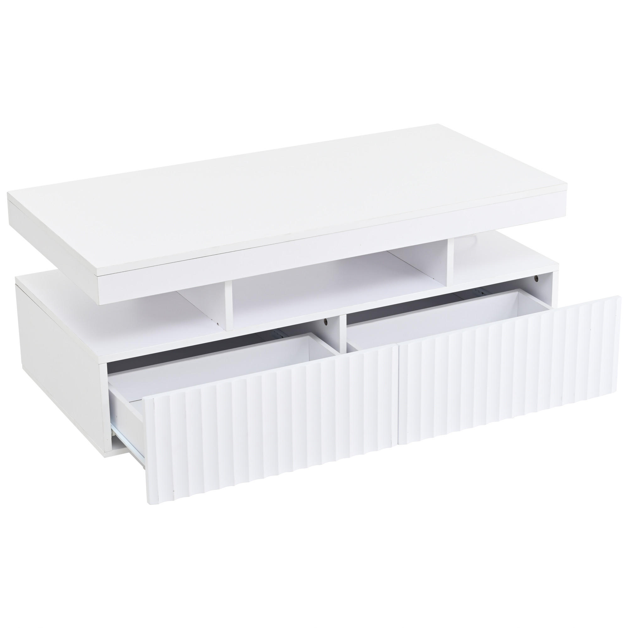 COUCHTISCH DE-37112 mit vertikalen Streifen, 2 Schubladen und LED Weiß - Weiß, Holzwerkstoff (100/50/45cm) - ComfortXL