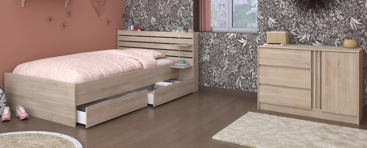 KINDERZIMMER Eiche japanisch, 2-teilig, Jugendzimmer-Set mit Bett 120 x 200 cm - Eichefarben, Holzwerkstoff/Metall (152/89/217cm) - Parisot Meuble