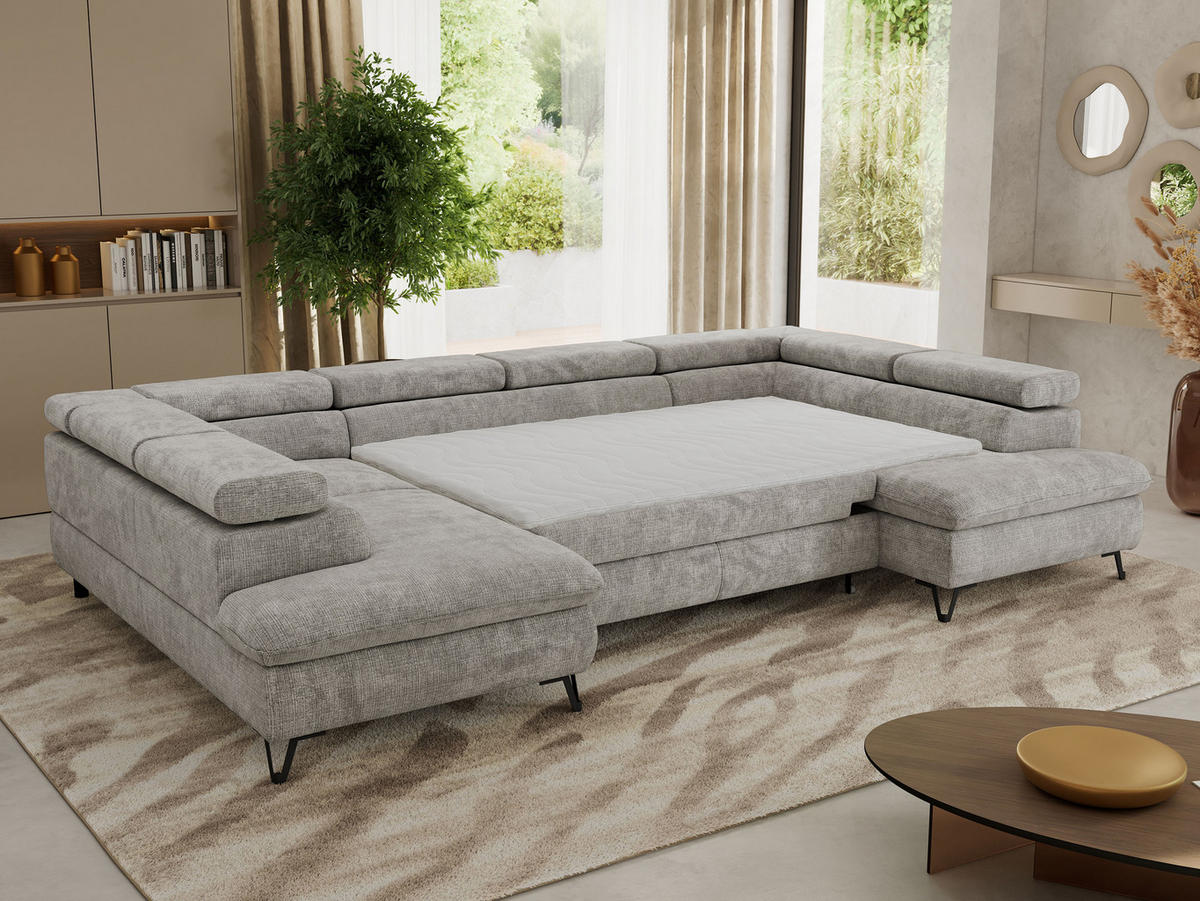 WOHNLANDSCHAFT PABLO U Schenille grob gewebt Hellgrau mit Topper Visco - Hellgrau/Schwarz, Textil/Metall (346/76/208cm) - MKS