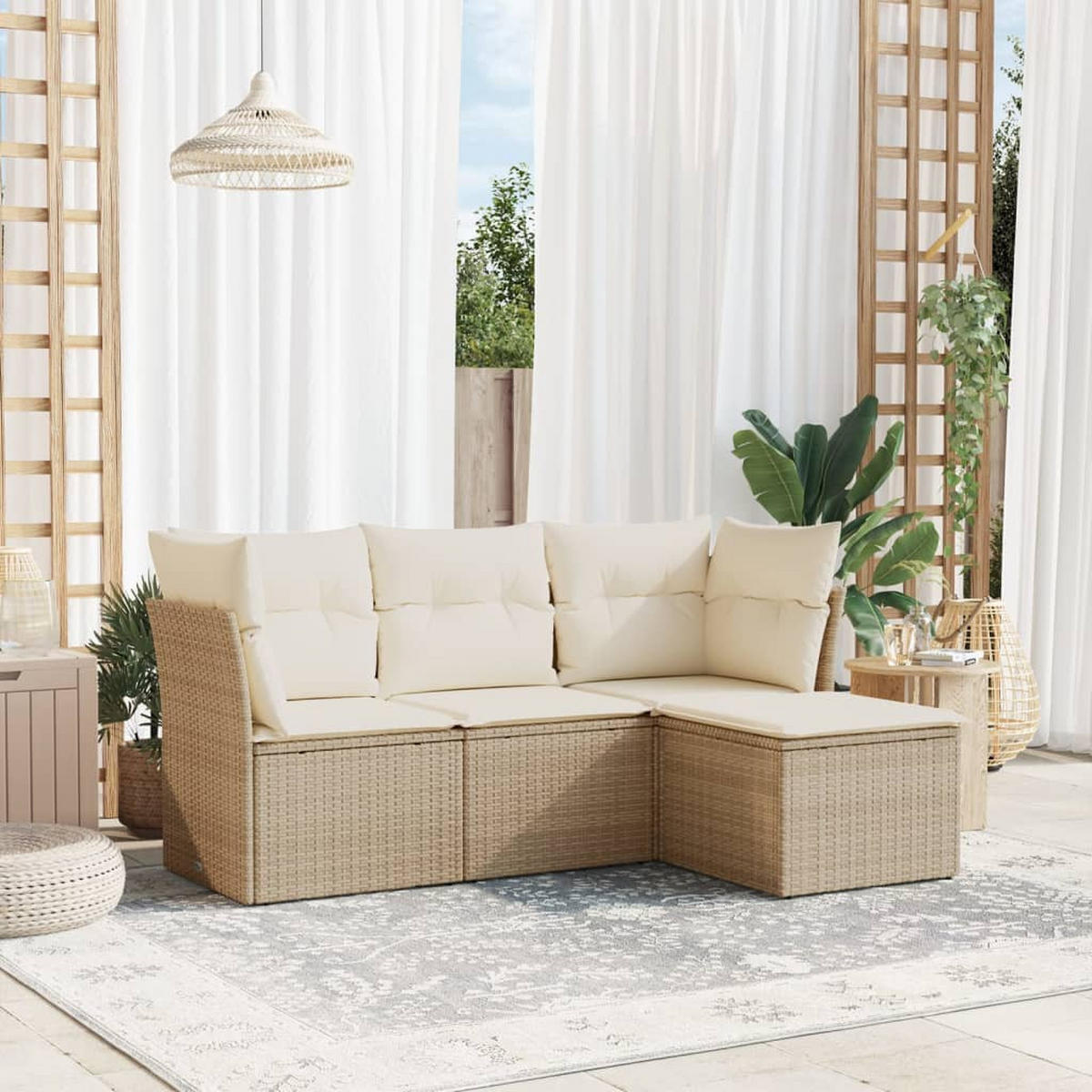 GARTEN-SOFAGARNITUR 4-teilig Mit Kissen Beige Poly Rattan - Beige, Kunststoff - vidaXL