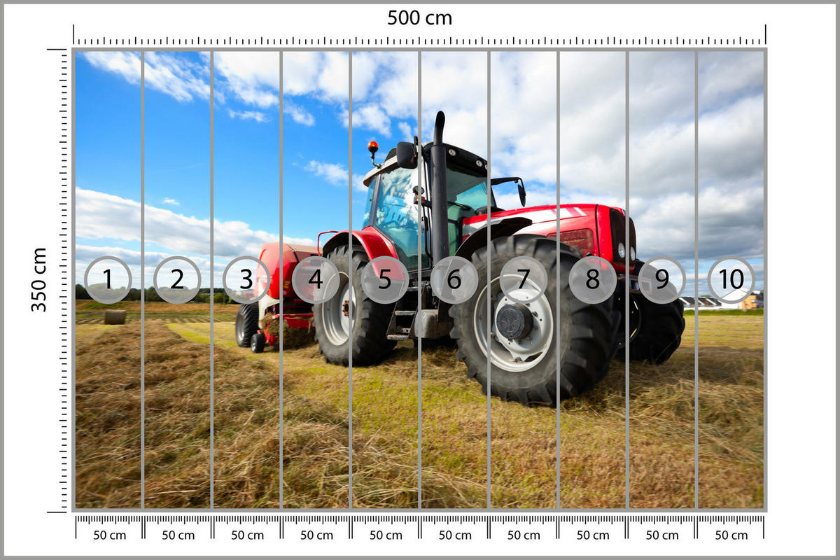 FOTOTAPETE Roter Traktor Feld Ernte Landwirtschaft Rustikal 500x350 - Gelb/Rot, Papier (500/350cm) - Muralo