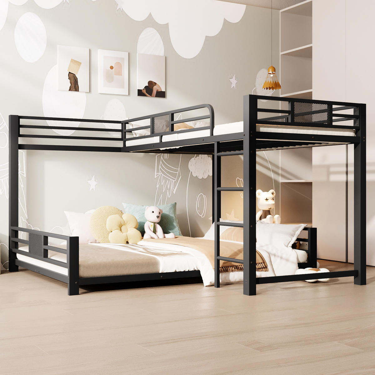 ETAGENBETT 90/200 cm & 140/200 cm in Schwarz L-Form aus Metall - Schwarz, Metall (140/200cm) - CHICFURN