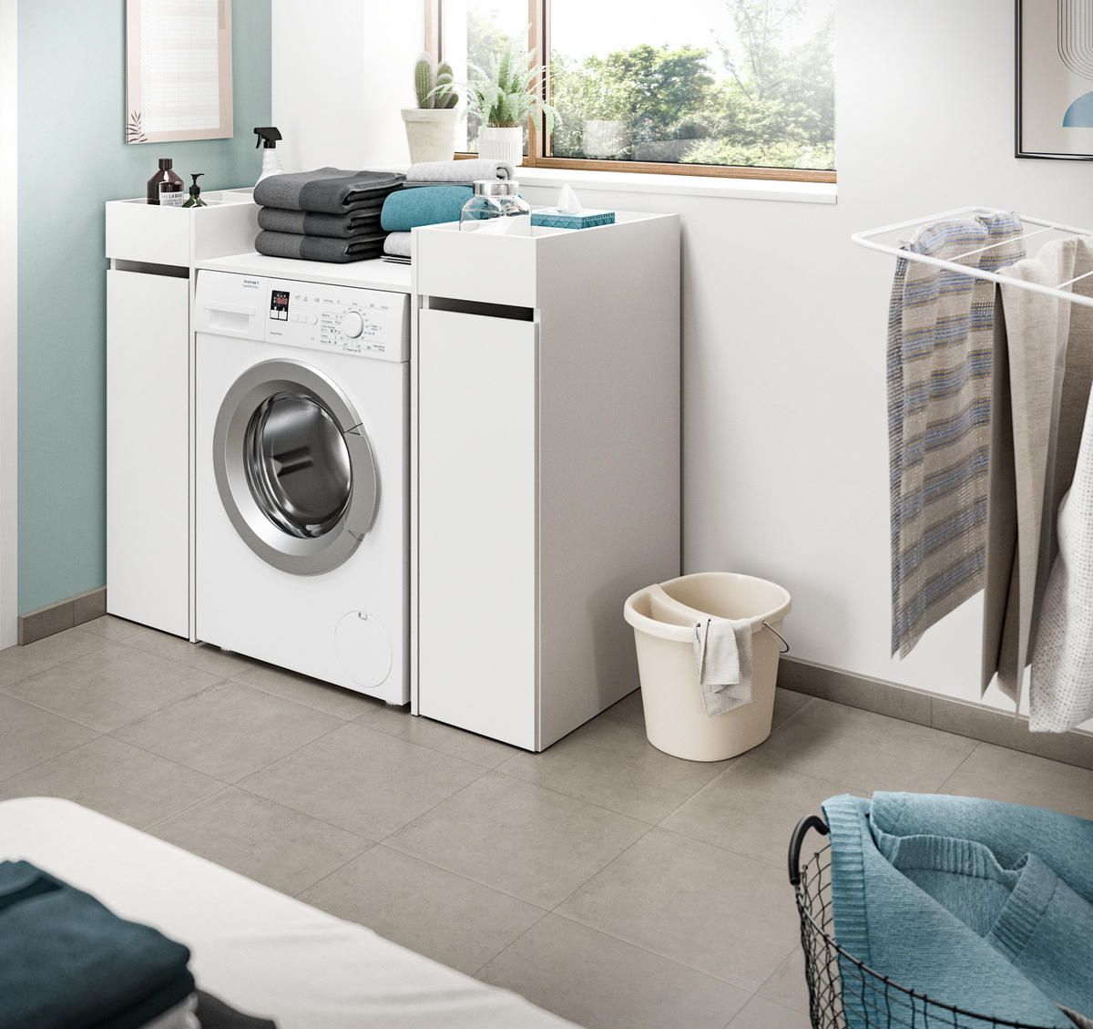 WASCHMASCHINENUMBAU weiß Set 3-teilig, Überbauschrank und Anstellregale 124 x 101 cm - Schwarz/Weiß, Holzwerkstoff/Kunststoff (124/101/60cm) - Inn.Furn