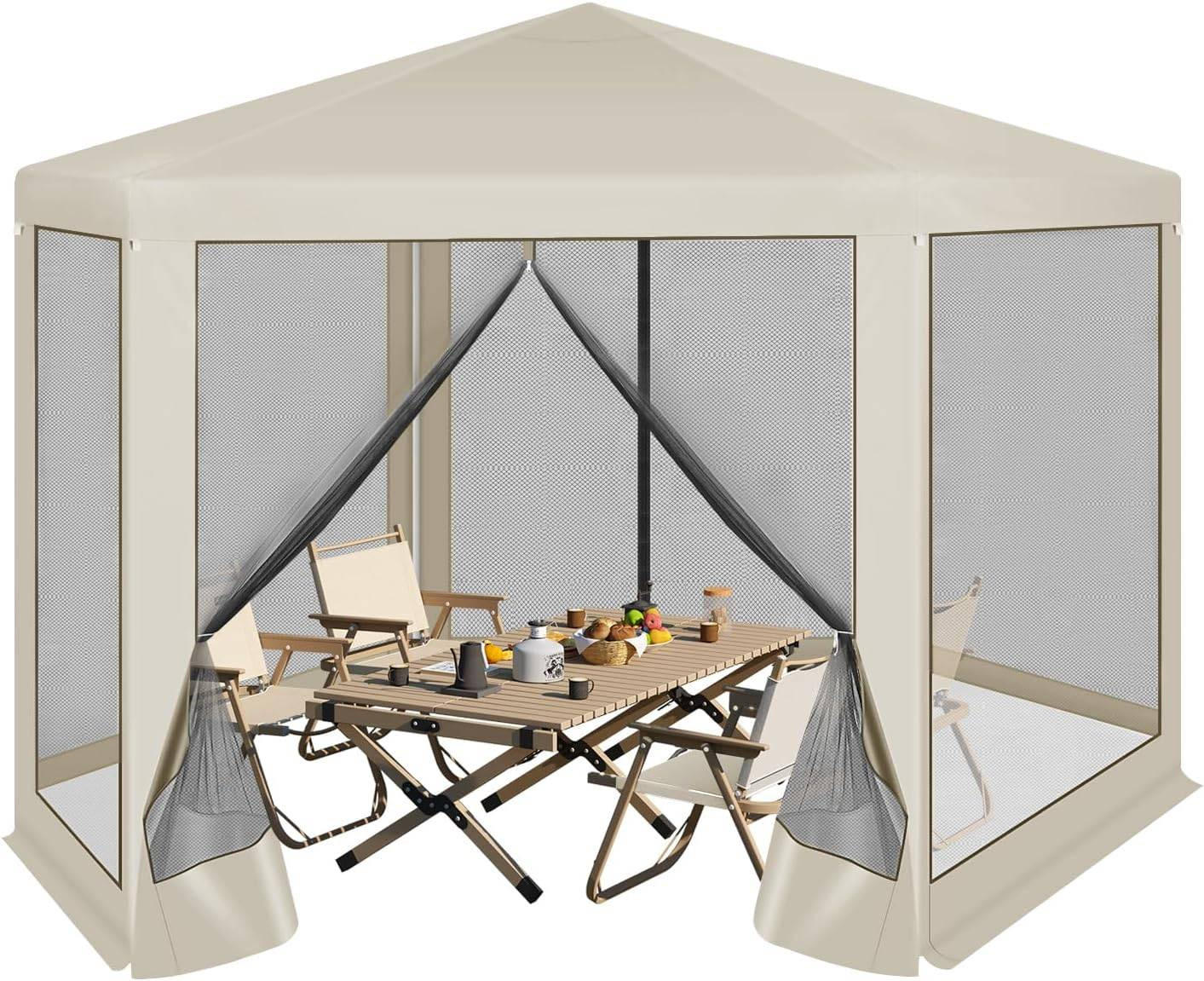 PAVILLON 3,8x3,3 m seckeckig, Gartenpavillon mit Seitenwänden Moskitonetz - Beige, Metall (380/250/330cm) - Woltu