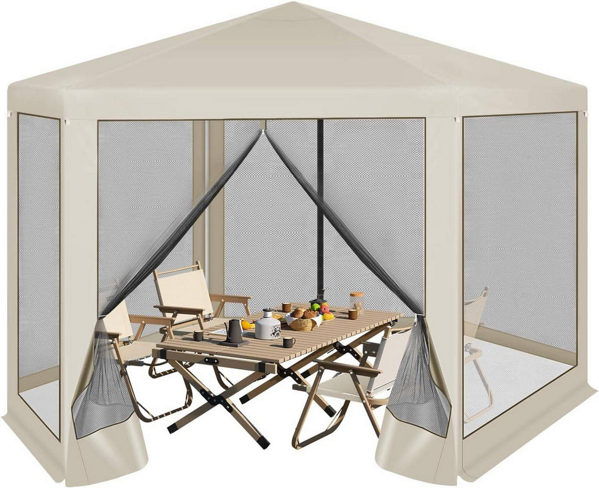 PAVILLON 3,8x3,3 m seckeckig, Gartenpavillon mit Seitenwänden Moskitonetz - Beige, Metall (380/250/330cm) - Woltu