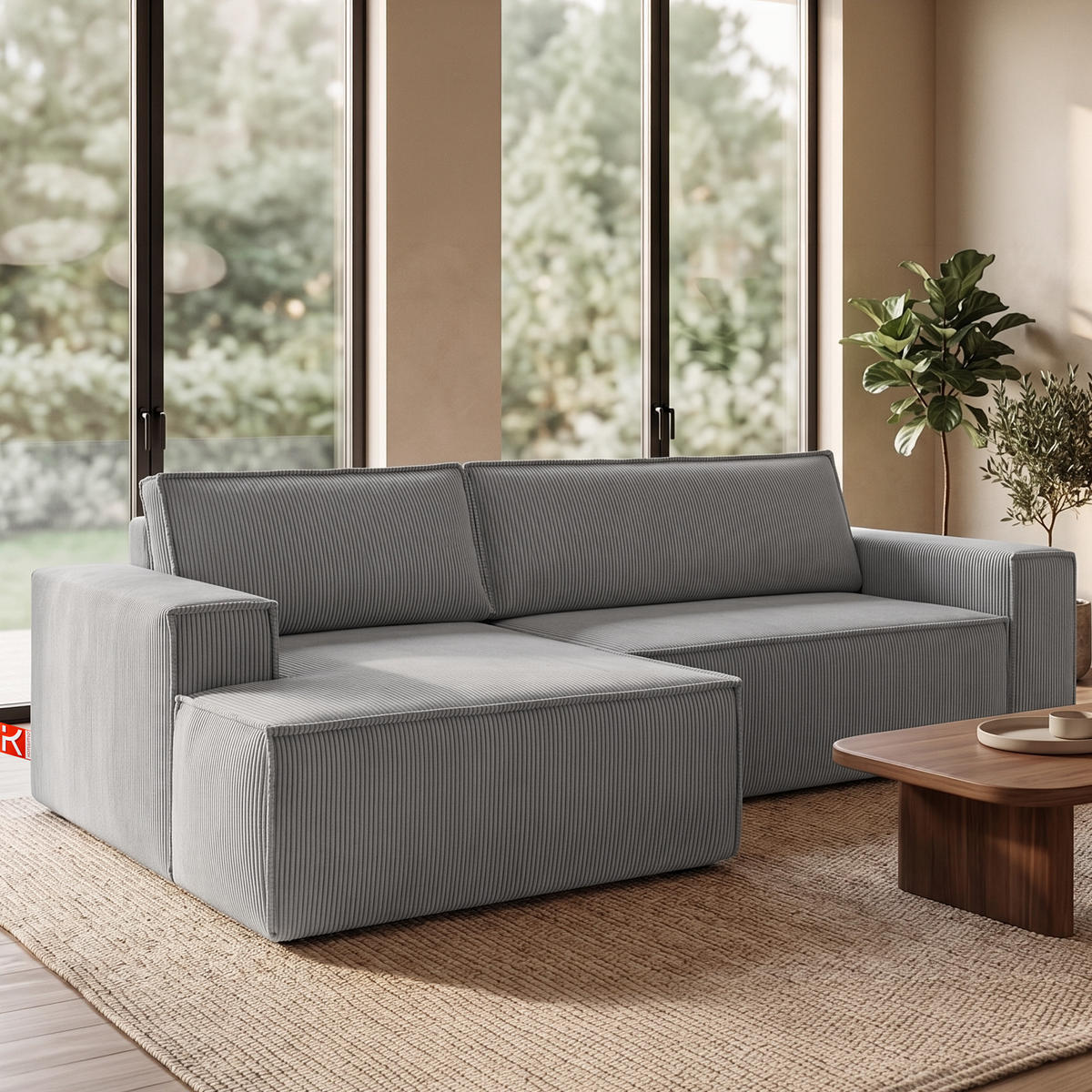 ECKSCHLAFSOFA-LINKS NAPI in Pet Friendly Cord-Stoff, hellgrau - Hellgrau/Schwarz, Textil (262/148cm) - KONSIMO®
